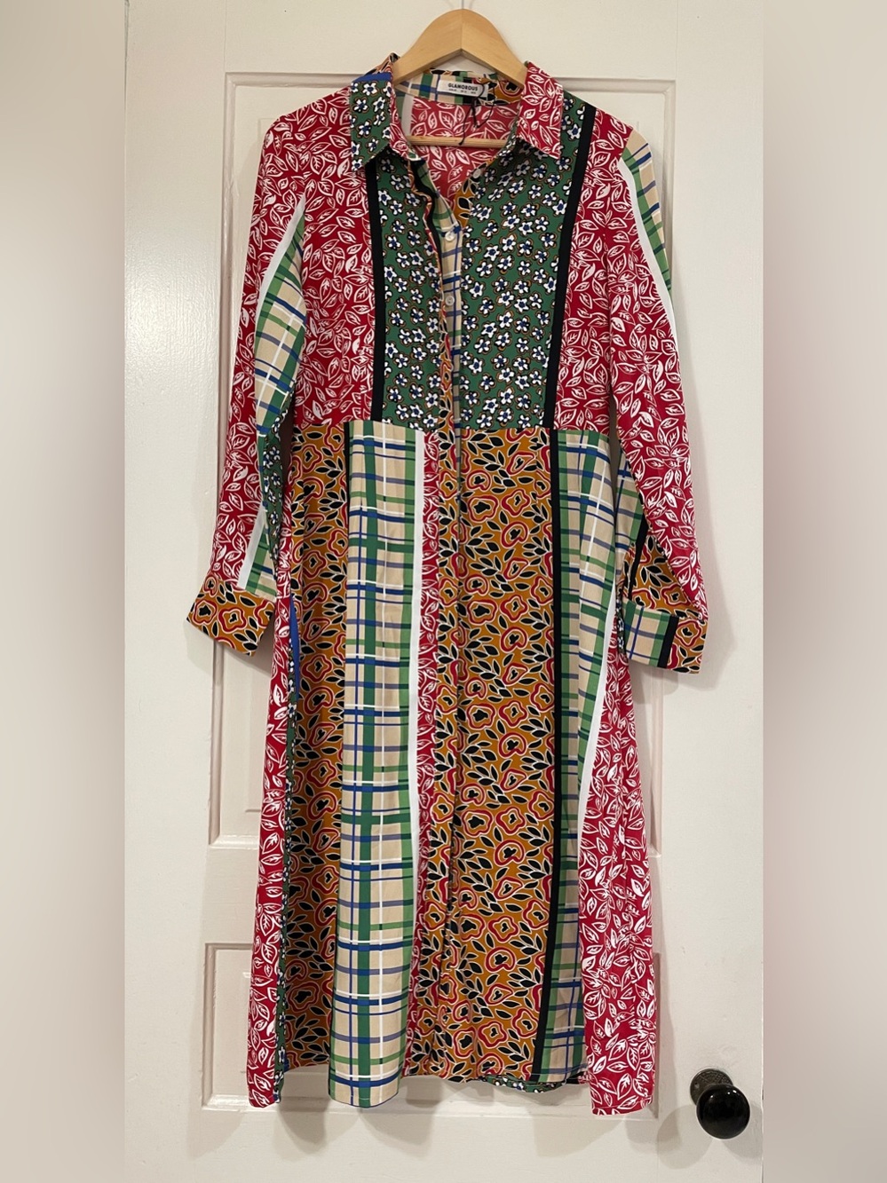 Glamorous Multicolor Patchwork Mixed Print Long-Sleeve Midi Shirt Dress Size 8